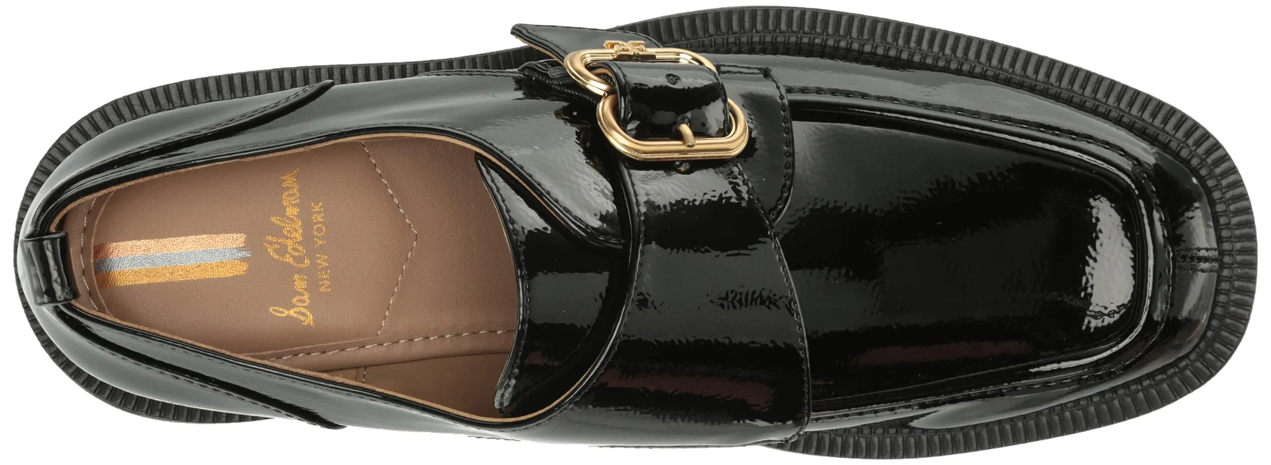 Black Rounded Fashion Edelman Slip Lora Toe Sam Lug Worldwide shipping On Loafers Patent Chunky Durable Sole