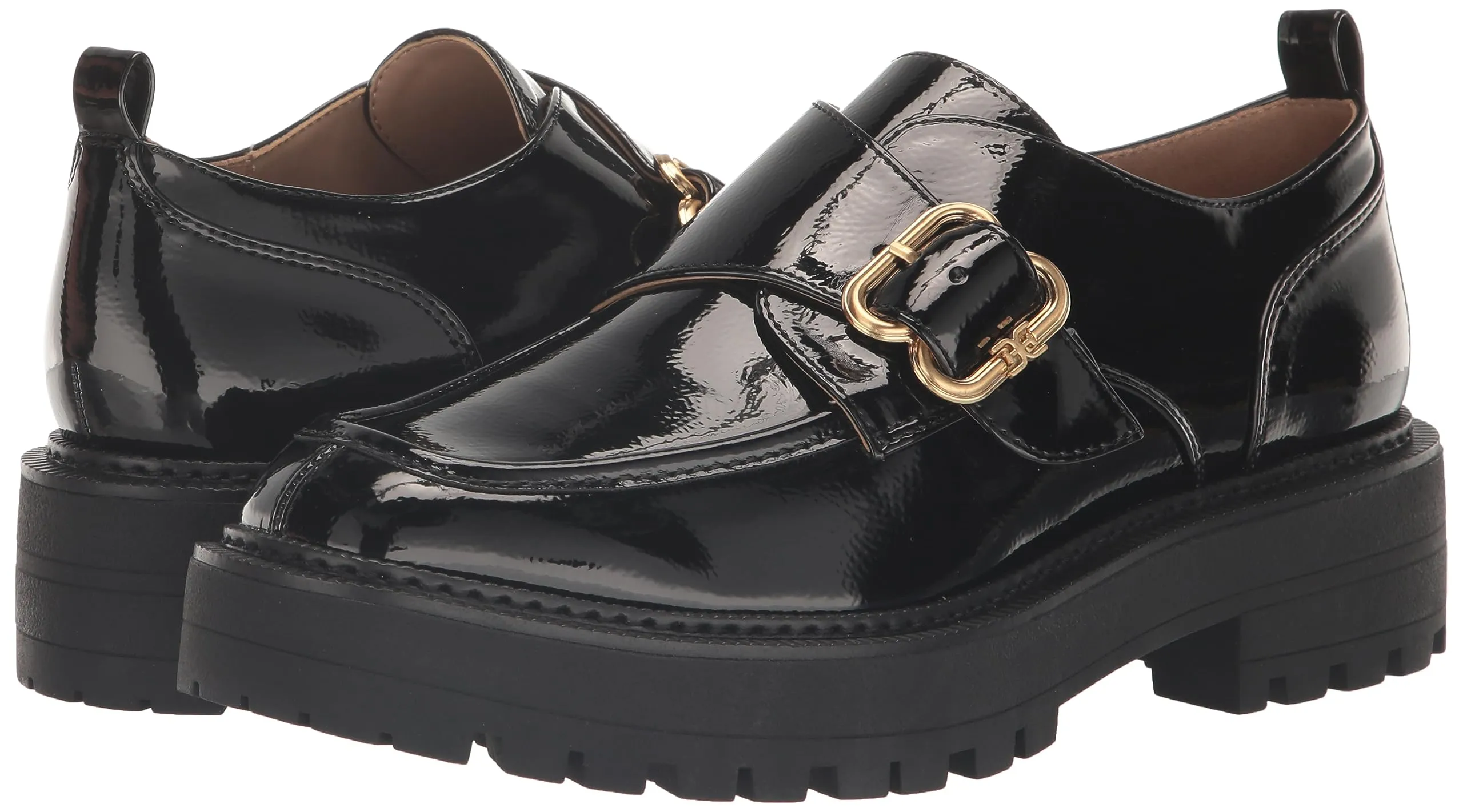 Black Rounded Fashion Edelman Slip Lora Toe Sam Lug Worldwide shipping On Loafers Patent Chunky Durable Sole