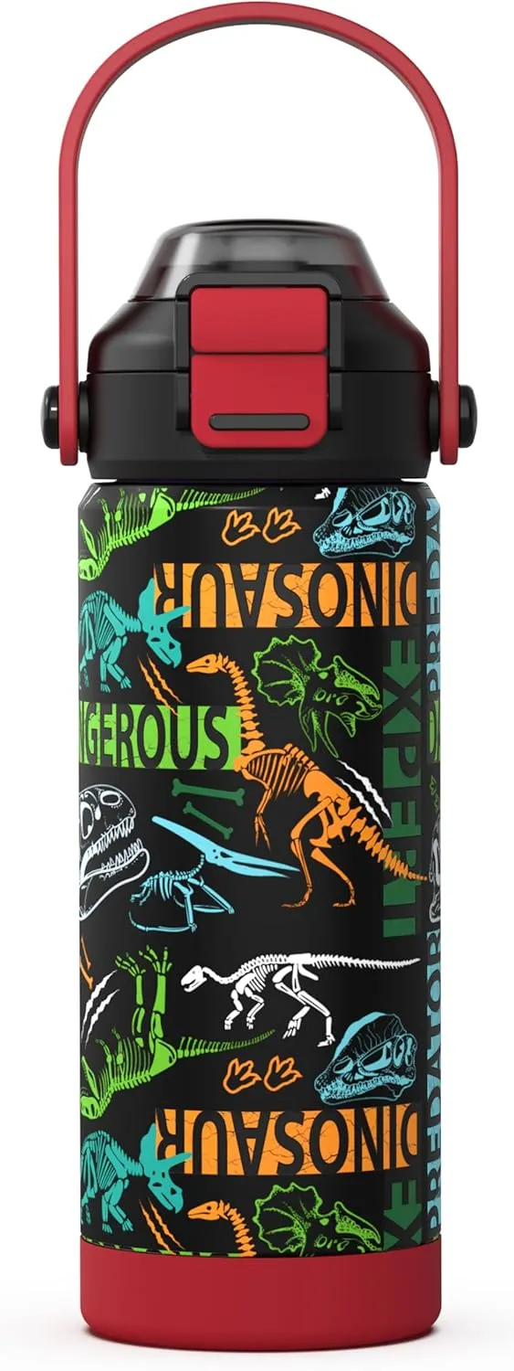Boys Insulated Water Bottle with Pop-Open Straw & Spout 2-in-1 Lid,18oz Kids Cups with Stainless Steel Leak Proof for School Travel Boys Girls（Dinosaur）