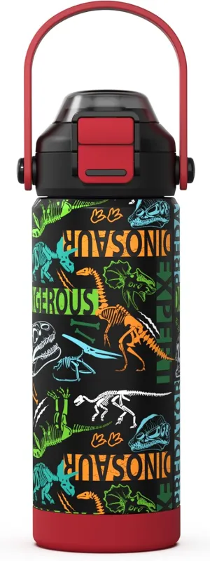 Boys Insulated Water Bottle with Pop-Open Straw & Spout 2-in-1 Lid,18oz Kids Cups with Stainless Steel Leak Proof for School Travel Boys Girls（Dinosaur）