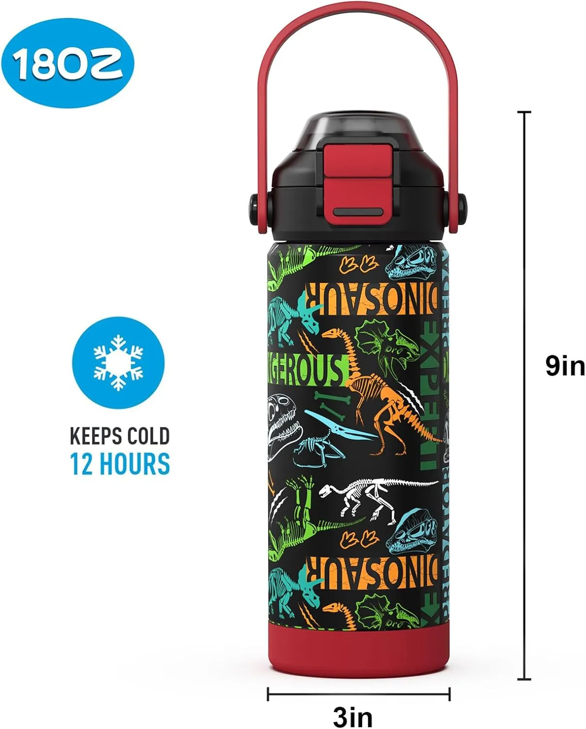 Boys Insulated Water Bottle with Pop-Open Straw & Spout 2-in-1 Lid,18oz Kids Cups with Stainless Steel Leak Proof for School Travel Boys Girls（Dinosaur）