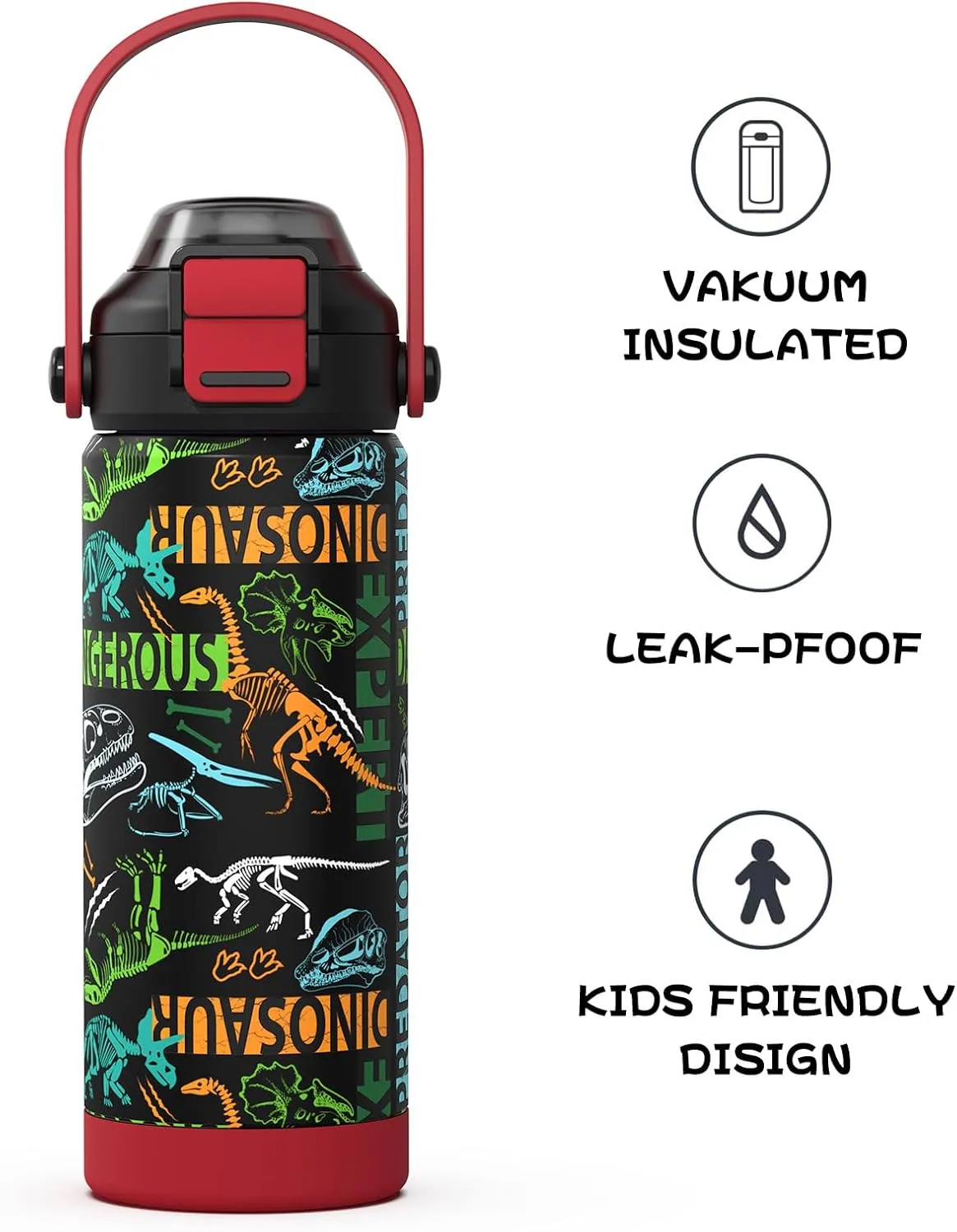 Boys Insulated Water Bottle with Pop-Open Straw & Spout 2-in-1 Lid,18oz Kids Cups with Stainless Steel Leak Proof for School Travel Boys Girls（Dinosaur）