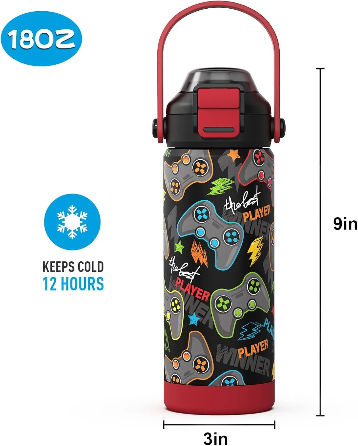 Boys Insulated Water Bottle with Pop-Open Straw & Spout 2-in-1 Lid,18oz Kids Cups with Stainless Steel Leak Proof for School Travel Boys Girls（Game）