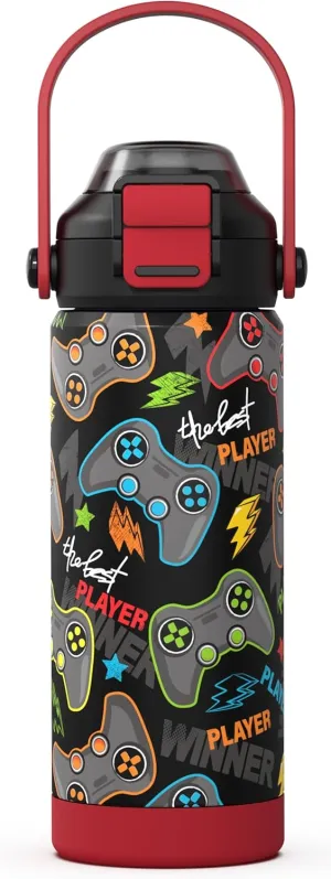 Boys Insulated Water Bottle with Pop-Open Straw & Spout 2-in-1 Lid,18oz Kids Cups with Stainless Steel Leak Proof for School Travel Boys Girls（Game）