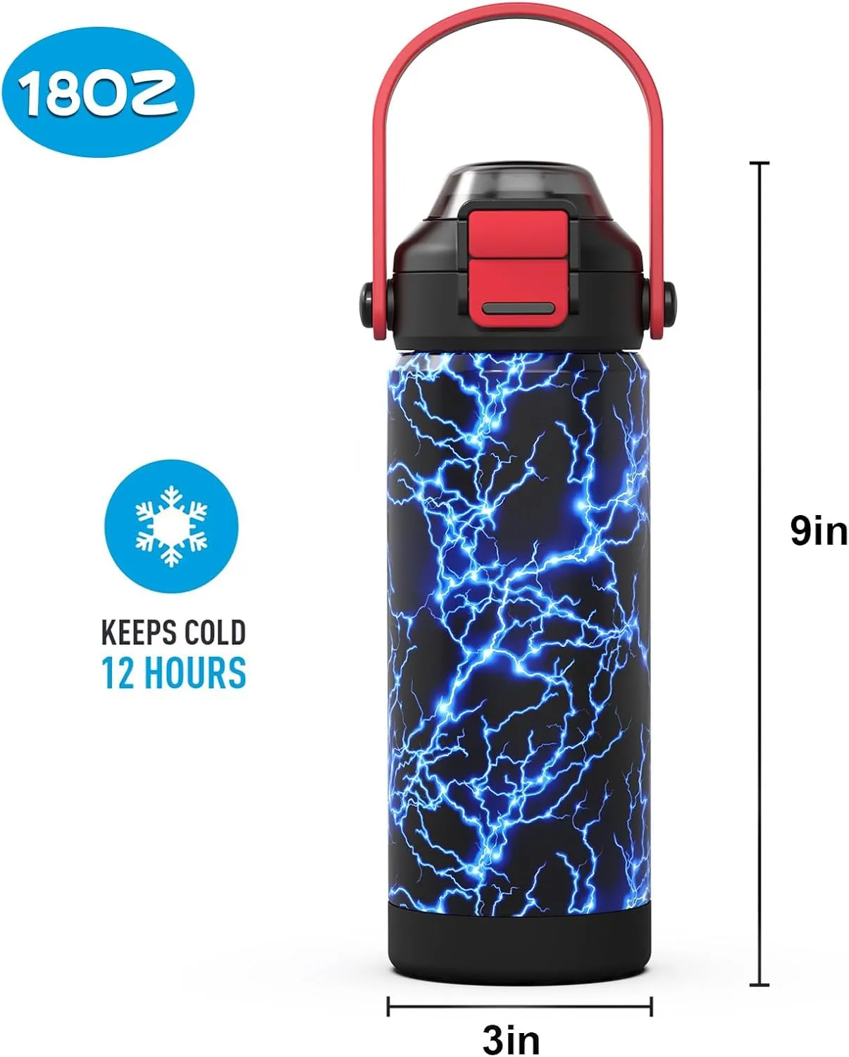 Boys Insulated Water Bottle with Pop-Open Straw & Spout 2-in-1 Lid,18oz Kids Cups with Stainless Steel Leak Proof for School Travel Boys Girls（Lightning）