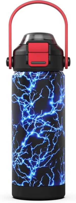 Boys Insulated Water Bottle with Pop-Open Straw & Spout 2-in-1 Lid,18oz Kids Cups with Stainless Steel Leak Proof for School Travel Boys Girls（Lightning）