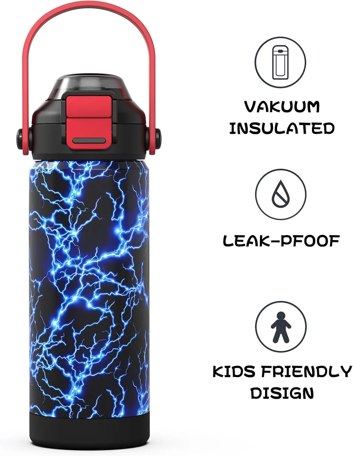 Boys Insulated Water Bottle with Pop-Open Straw & Spout 2-in-1 Lid,18oz Kids Cups with Stainless Steel Leak Proof for School Travel Boys Girls（Lightning）
