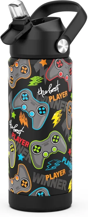Boys Water Bottle with Straw,18 oz Kids Insulated Cups with Stainless Steel Leak Proof for School,Sport&Travel（Game）