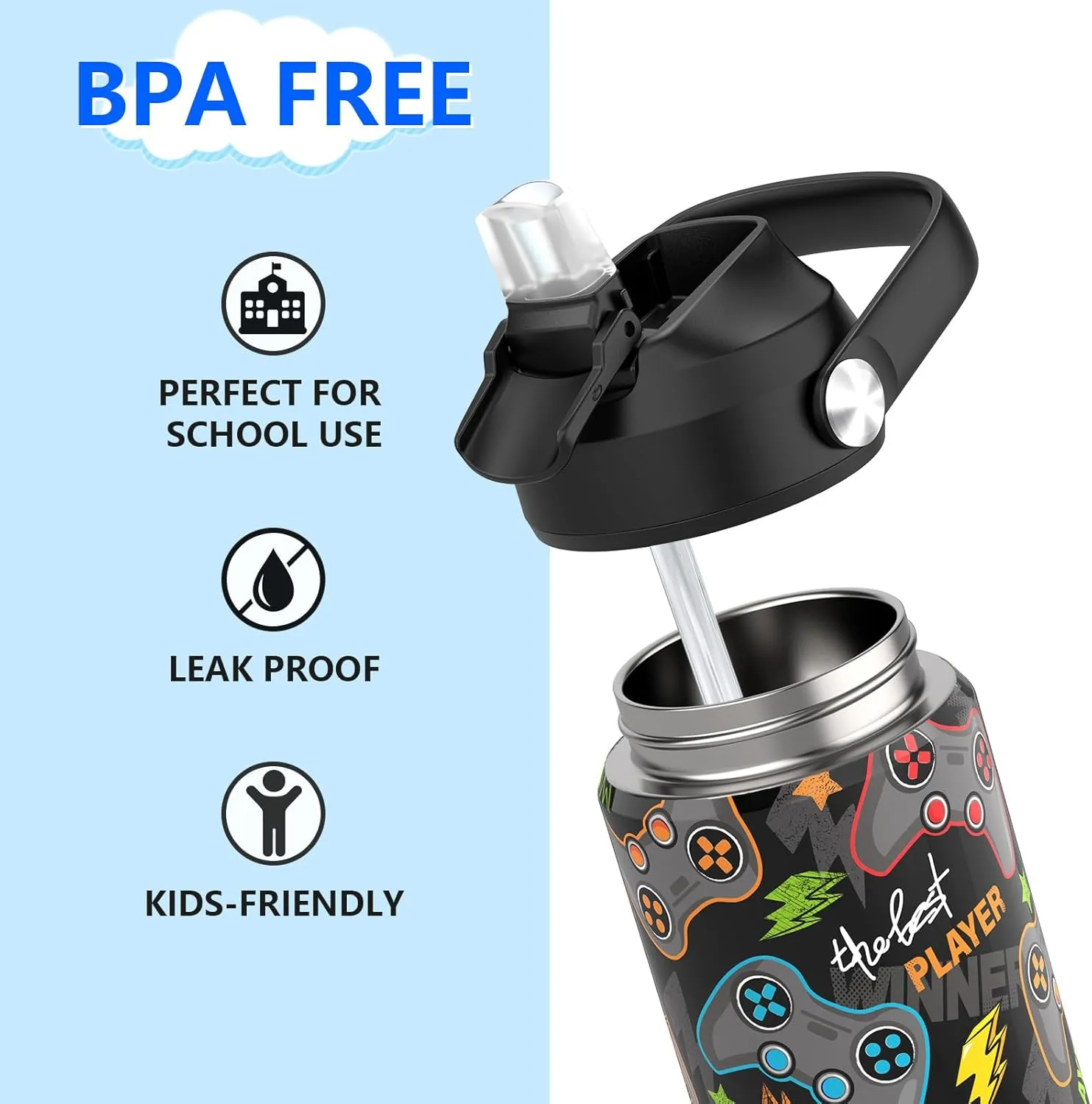 Boys Water Bottle with Straw,18 oz Kids Insulated Cups with Stainless Steel Leak Proof for School,Sport&Travel（Game）