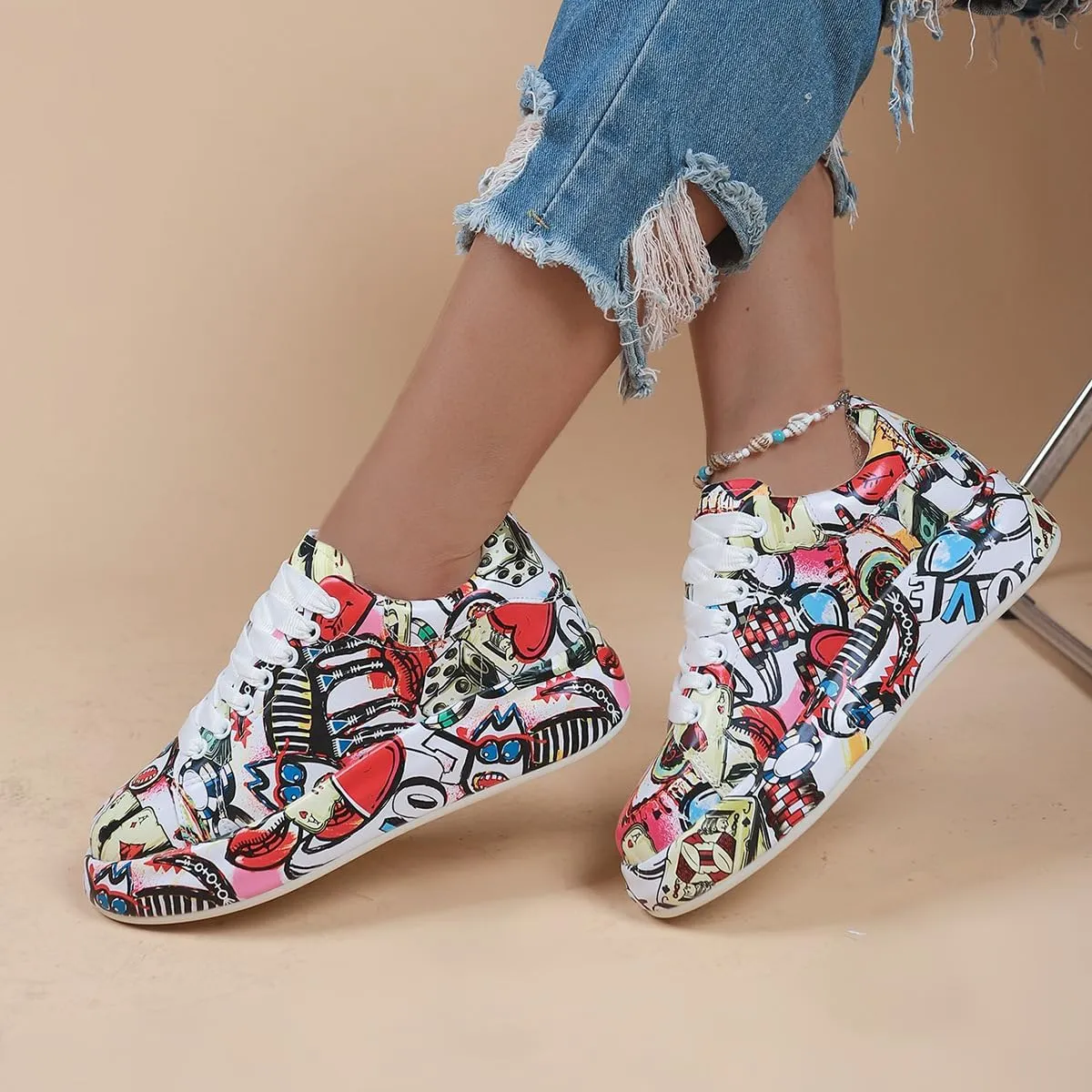 Breathable Low-top Lace-up Graffiti Running Shoes for Men Women - Ideal for Gym, Tennis, Walking, and Fashion