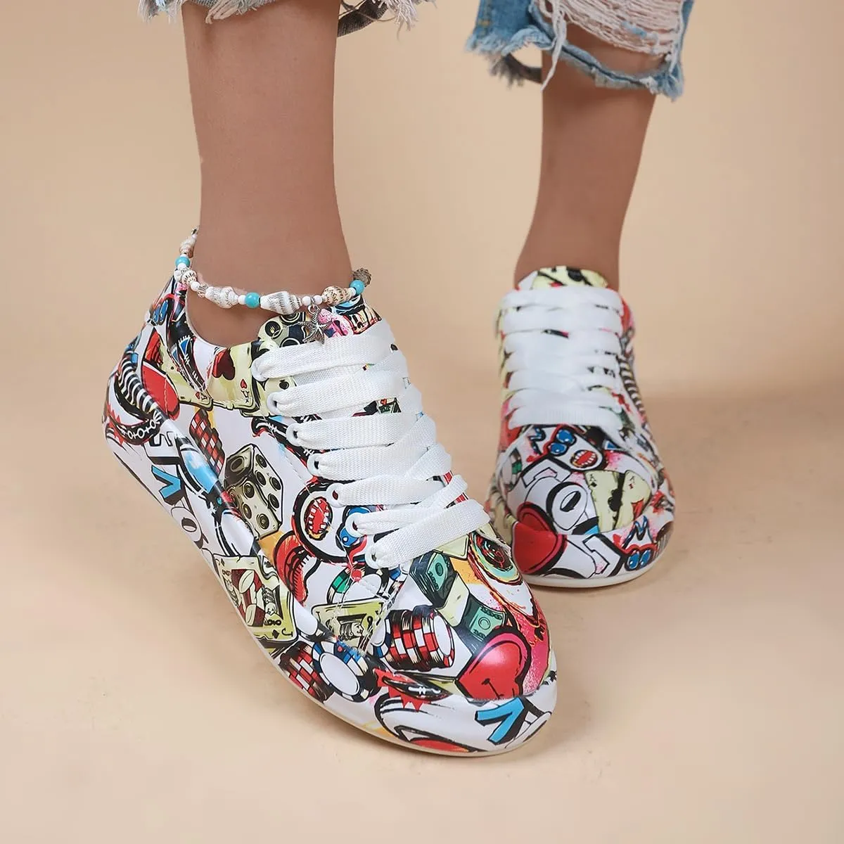 Breathable Low-top Lace-up Graffiti Running Shoes for Men Women - Ideal for Gym, Tennis, Walking, and Fashion