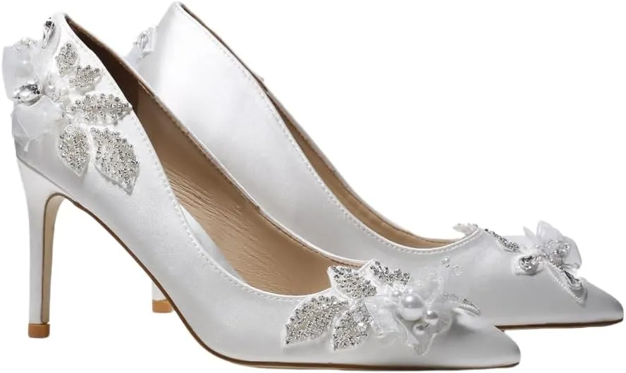 Bridal high Heel Pumps Rhinestone Stiletto White Silk Women's Shoes Medium Heel Shoes Low Heels