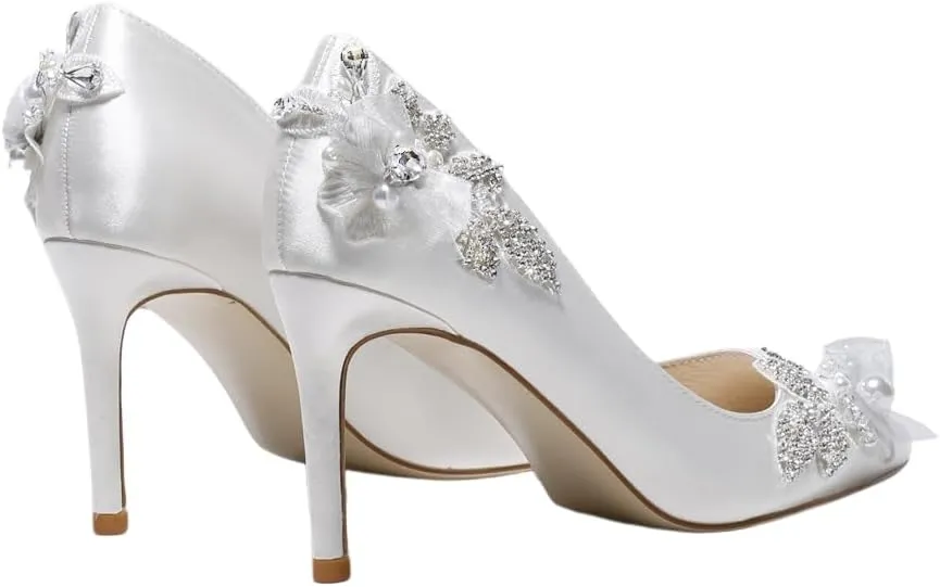 Bridal high Heel Pumps Rhinestone Stiletto White Silk Women's Shoes Medium Heel Shoes Low Heels