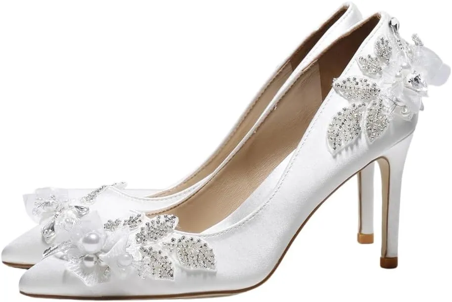 Bridal high Heel Pumps Rhinestone Stiletto White Silk Women's Shoes Medium Heel Shoes Low Heels