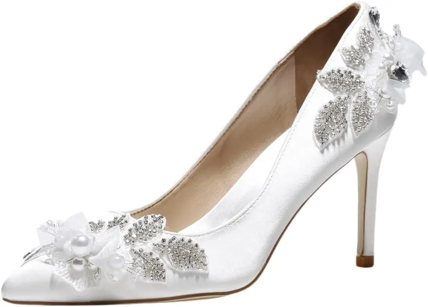 Bridal high Heel Pumps Rhinestone Stiletto White Silk Women's Shoes Medium Heel Shoes Low Heels