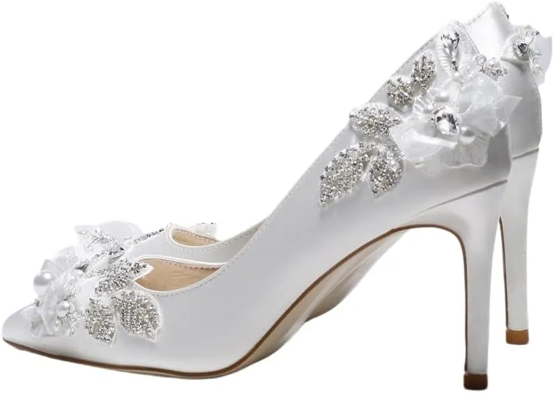 Bridal high Heel Pumps Rhinestone Stiletto White Silk Women's Shoes Medium Heel Shoes Low Heels
