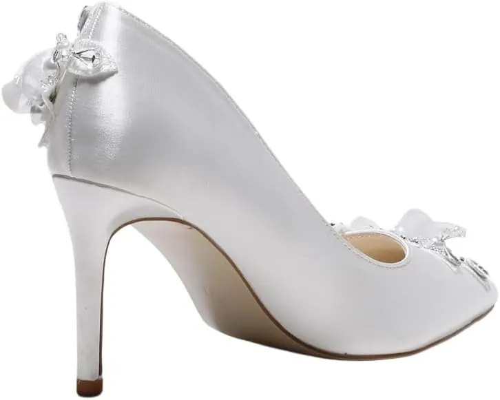 Bridal high Heel Pumps Rhinestone Stiletto White Silk Women's Shoes Medium Heel Shoes Low Heels