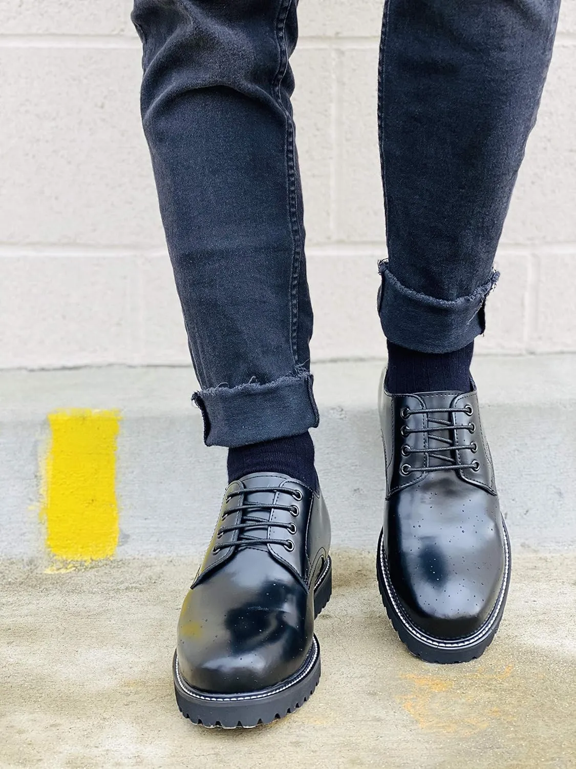 CALTO Men's Invisible Height Increasing Elevator Shoes - Black Leather Lace-up Low-top Work Boots - 3 Inches Taller - S9118- Size 12 D(M) US