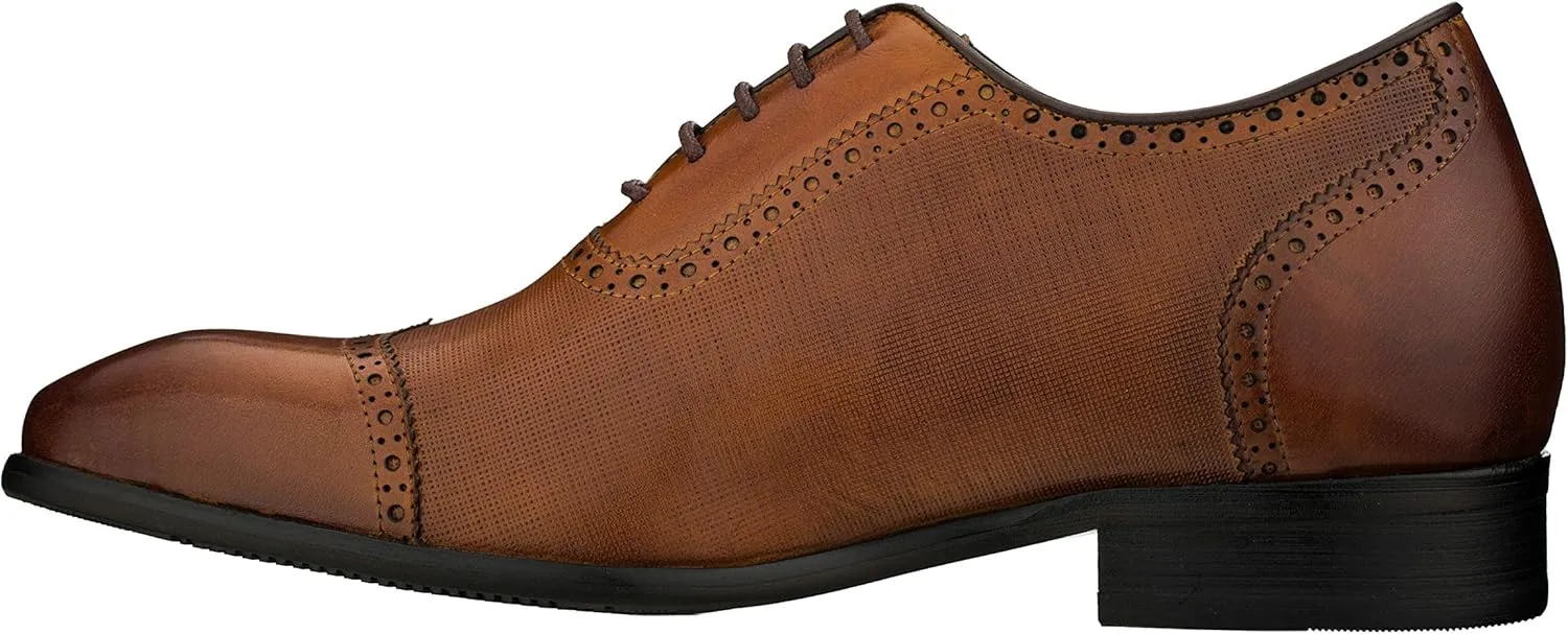 CALTO Men's Invisible Height Increasing Elevator Shoes - Brown Premium Leather Lace-up Wing-tip Formal Oxfords - 2.4 Inches Taller - Y1066 - Size 11 D(M) US