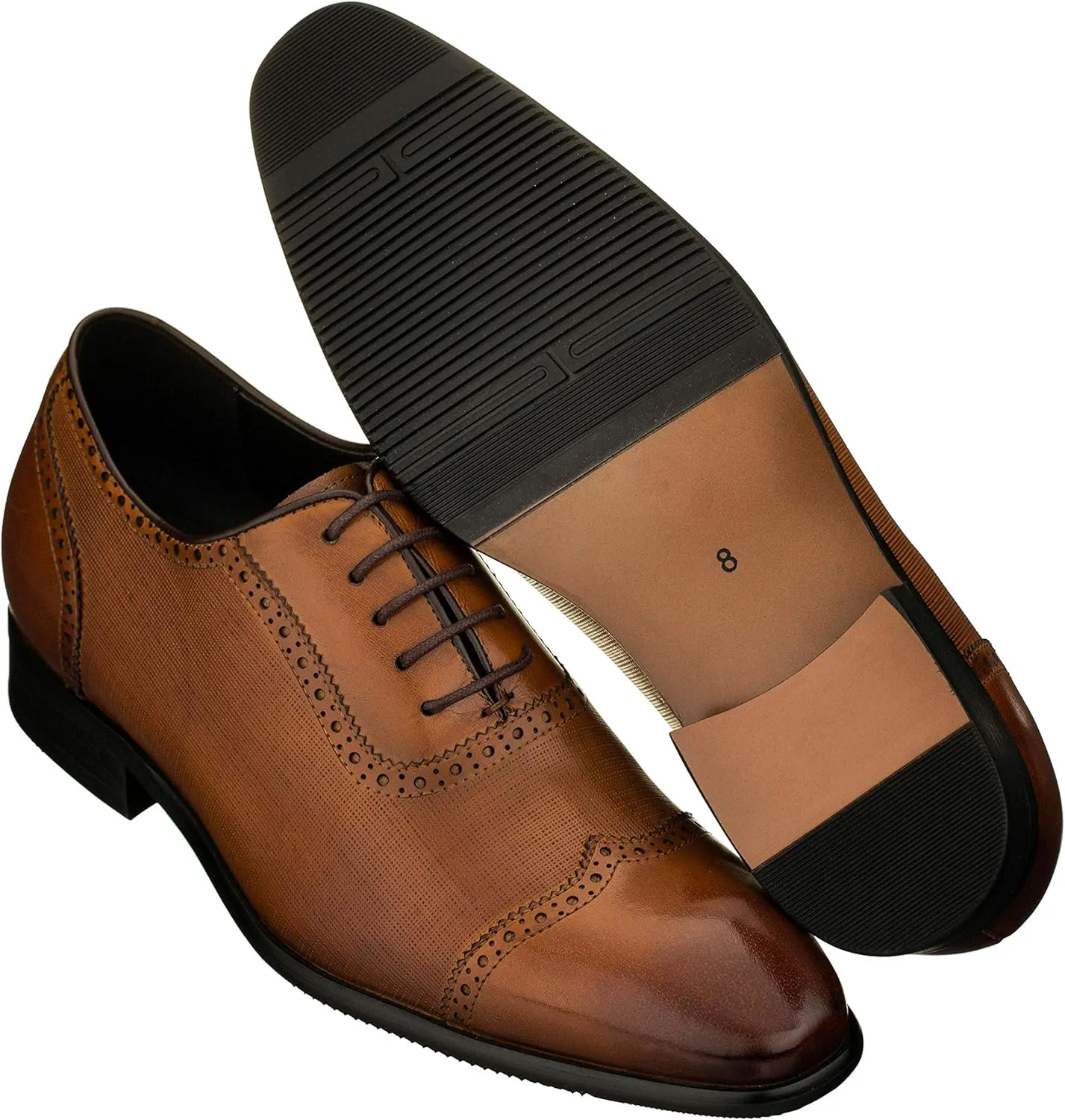 CALTO Men's Invisible Height Increasing Elevator Shoes - Brown Premium Leather Lace-up Wing-tip Formal Oxfords - 2.4 Inches Taller - Y1066 - Size 11 D(M) US