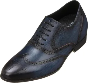 CALTO Men's Invisible Height Increasing Elevator Shoes - Dark Blue Premium Leather Lace-up Wing-tip Dress Formal Oxfords - 2.8 Inches Taller - K20812 - Size 11 D(M) US
