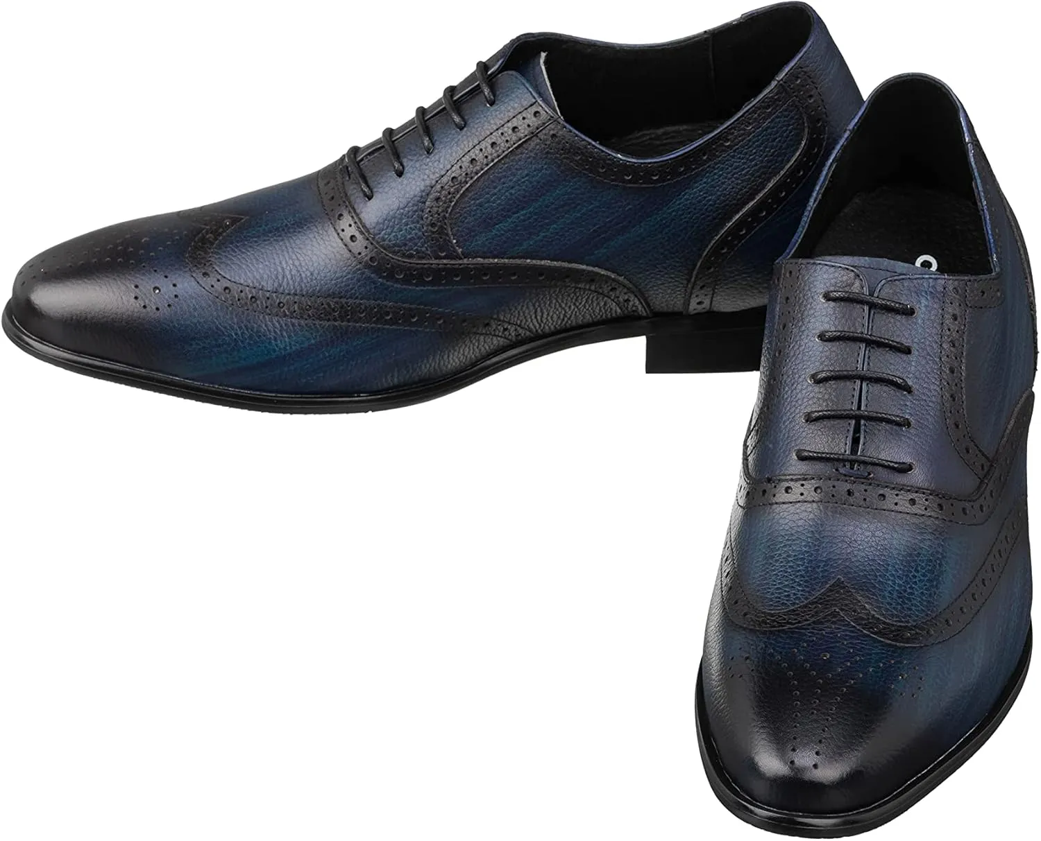 CALTO Men's Invisible Height Increasing Elevator Shoes - Dark Blue Premium Leather Lace-up Wing-tip Dress Formal Oxfords - 2.8 Inches Taller - K20812 - Size 11 D(M) US