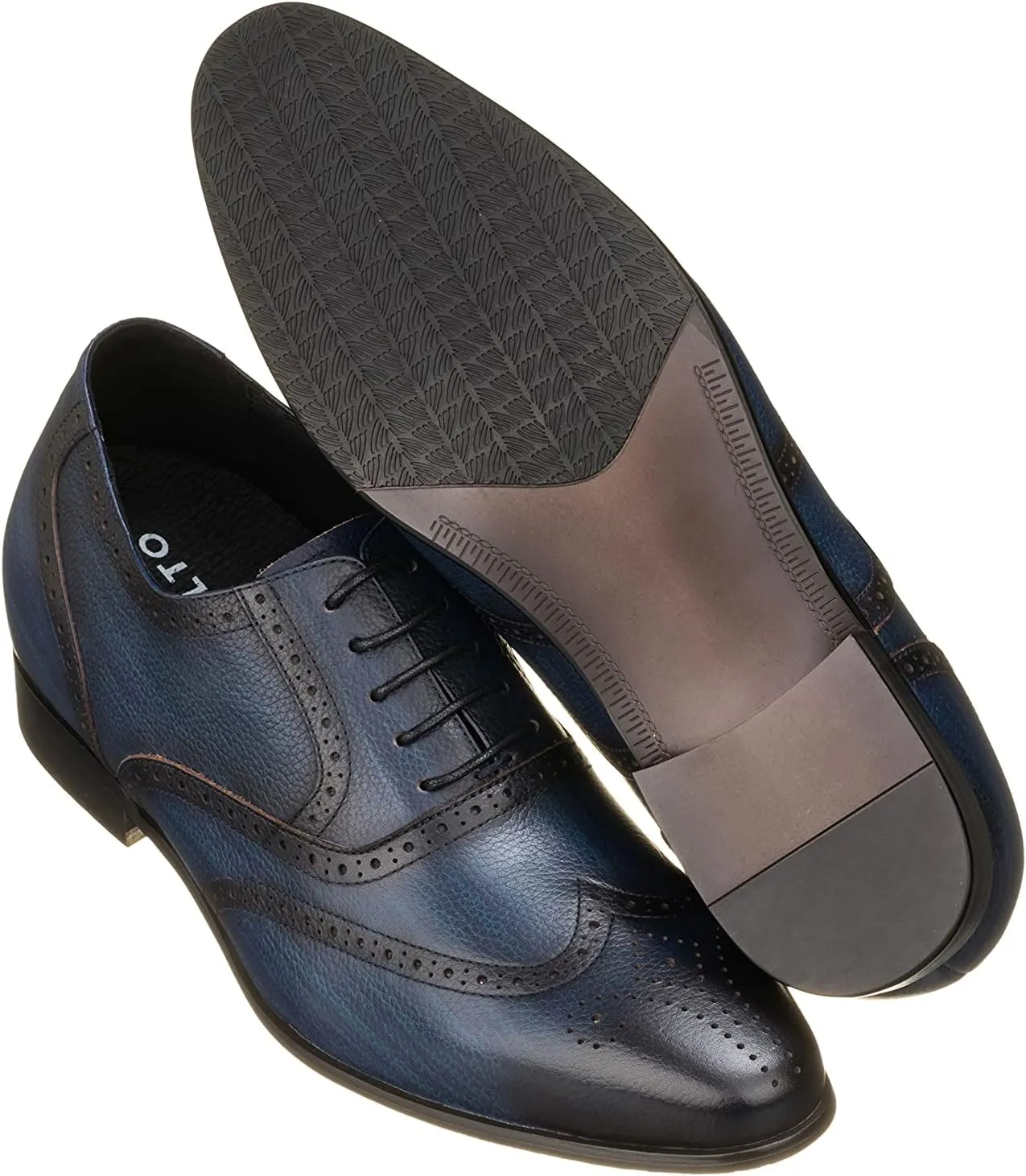 CALTO Men's Invisible Height Increasing Elevator Shoes - Dark Blue Premium Leather Lace-up Wing-tip Dress Formal Oxfords - 2.8 Inches Taller - K20812 - Size 11 D(M) US