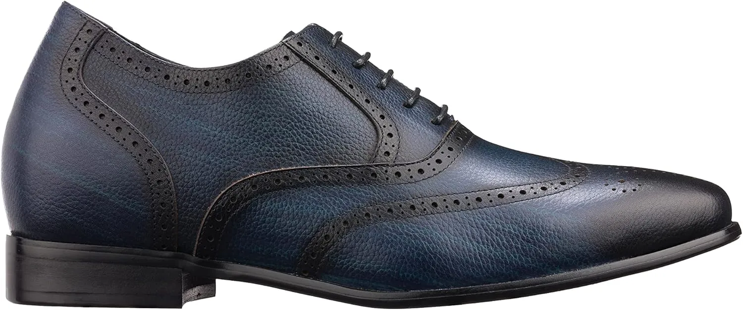 CALTO Men's Invisible Height Increasing Elevator Shoes - Dark Blue Premium Leather Lace-up Wing-tip Dress Formal Oxfords - 2.8 Inches Taller - K20812 - Size 11 D(M) US