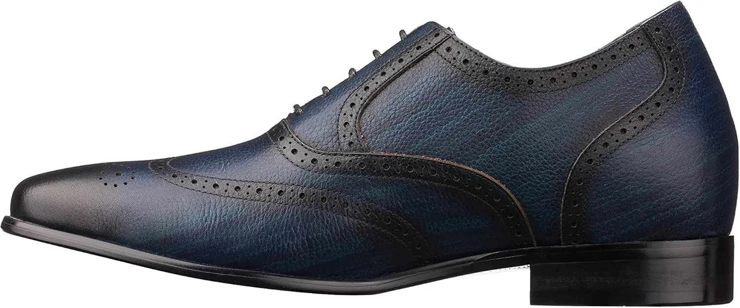 CALTO Men's Invisible Height Increasing Elevator Shoes - Dark Blue Premium Leather Lace-up Wing-tip Dress Formal Oxfords - 2.8 Inches Taller - K20812 - Size 11 D(M) US