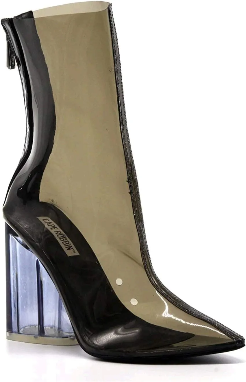 Cape Robbin Crystal Glaze Womens Perspex Lucite Clear Pointy Toe Chunky Heel Ankle Boots