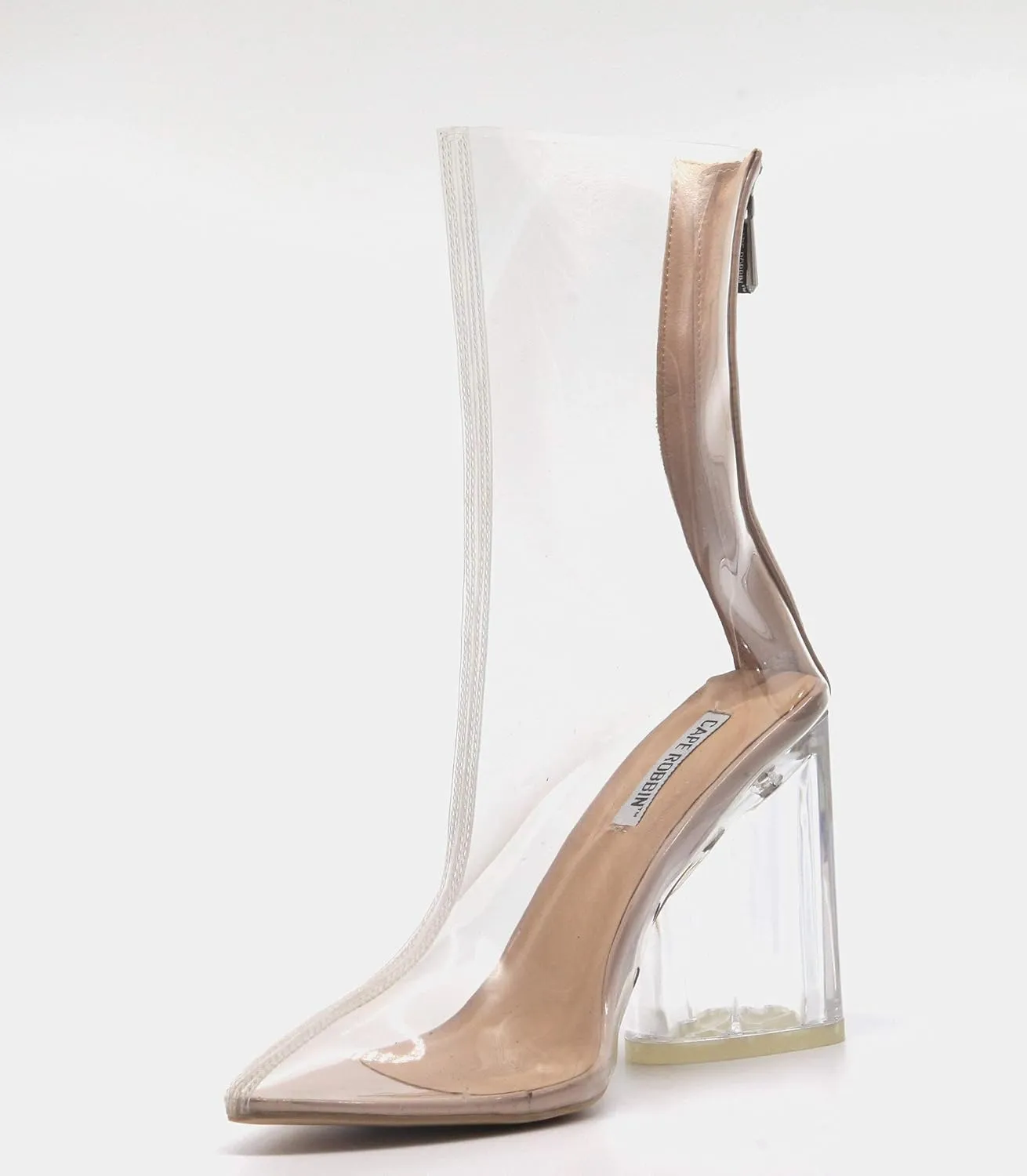 Cape Robbin Crystal Glaze Womens Perspex Lucite Clear Pointy Toe Chunky Heel Ankle Boots