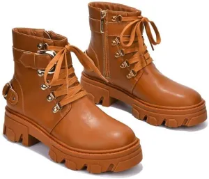 Cape Robbin Women Lug Sole Lace up Fashion Combat Ankle Boot w/Side Zipper