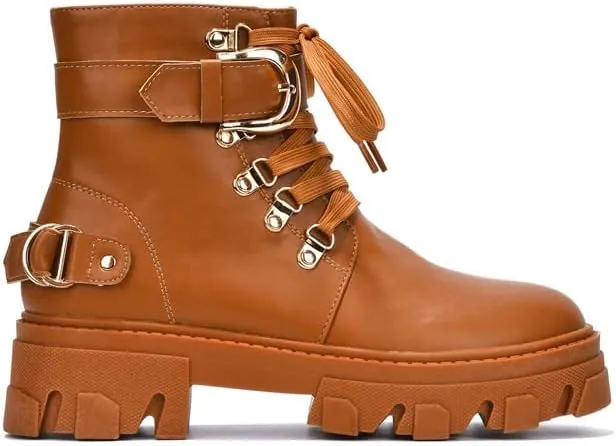 Cape Robbin Women Lug Sole Lace up Fashion Combat Ankle Boot w/Side Zipper
