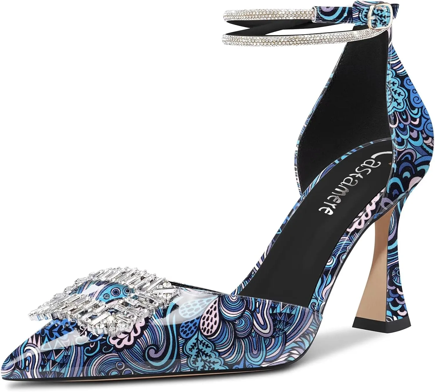 Castamere Women High Chunky Block Heel Ankle Strap Diamond Crystal Pointed Toe Pumps 3.3 Inches Heels
