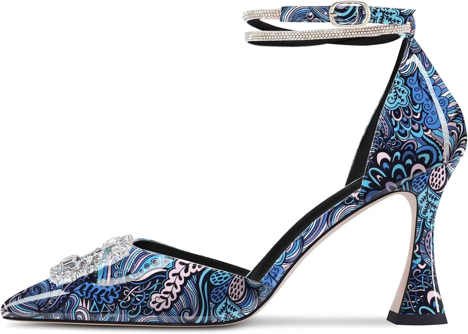 Castamere Women High Chunky Block Heel Ankle Strap Diamond Crystal Pointed Toe Pumps 3.3 Inches Heels