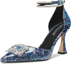 Castamere Women High Chunky Block Heel Ankle Strap Diamond Crystal Pointed Toe Pumps 3.3 Inches Heels