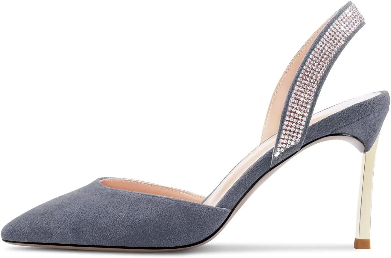 Castamere Women High Stiletto Heel Diamond Crystal Pointed Toe Pumps Slingback Slip-on Suede 8.5 CM Shoes