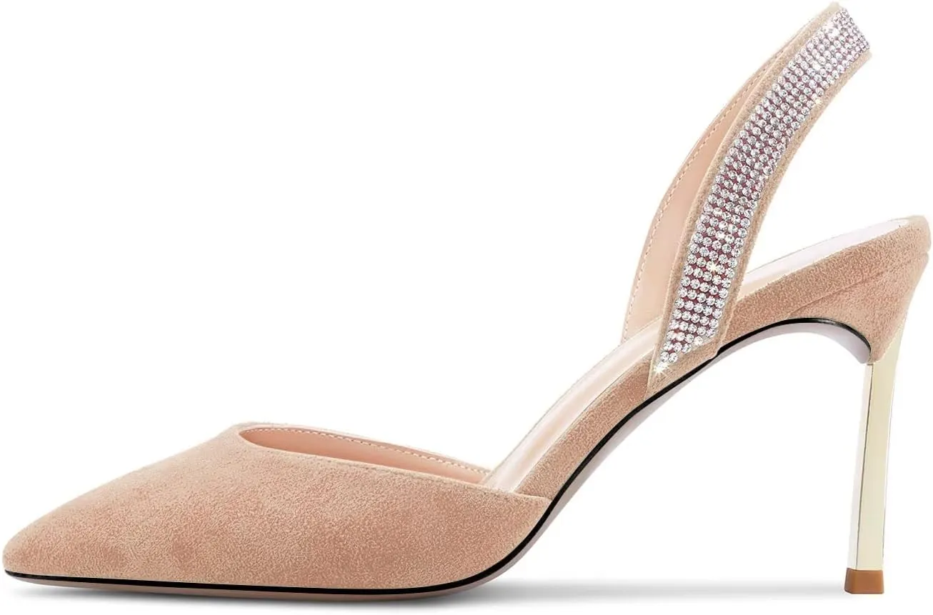 Castamere Women High Stiletto Heel Diamond Crystal Pointed Toe Pumps Slingback Slip-on Suede 8.5 CM Shoes