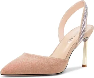 Castamere Women High Stiletto Heel Diamond Crystal Pointed Toe Pumps Slingback Slip-on Suede 8.5 CM Shoes
