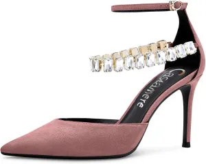 Castamere Women Stiletto High Heel Ankle Strap Pumps Diamond Crystal Pointed Toe Sandals 3.2 Inches Heels Dress Shoes