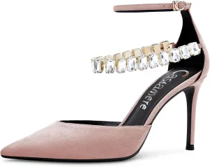 Castamere Women Stiletto High Heel Ankle Strap Pumps Diamond Crystal Pointed Toe Sandals 3.2 Inches Heels Dress Shoes