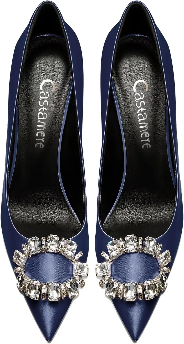 Castamere Women Stiletto High Heel Slip-on Pointed Toe Pumps Diamond Crystal Satin Wedding Prom 3.3 Inches Heels B1