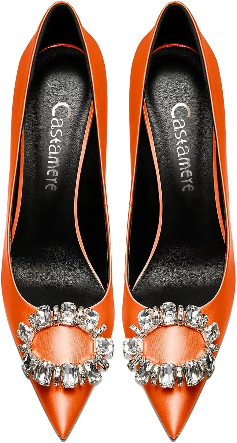 Castamere Women Stiletto High Heel Slip-on Pointed Toe Pumps Diamond Crystal Satin Wedding Prom 3.3 Inches Heels B1