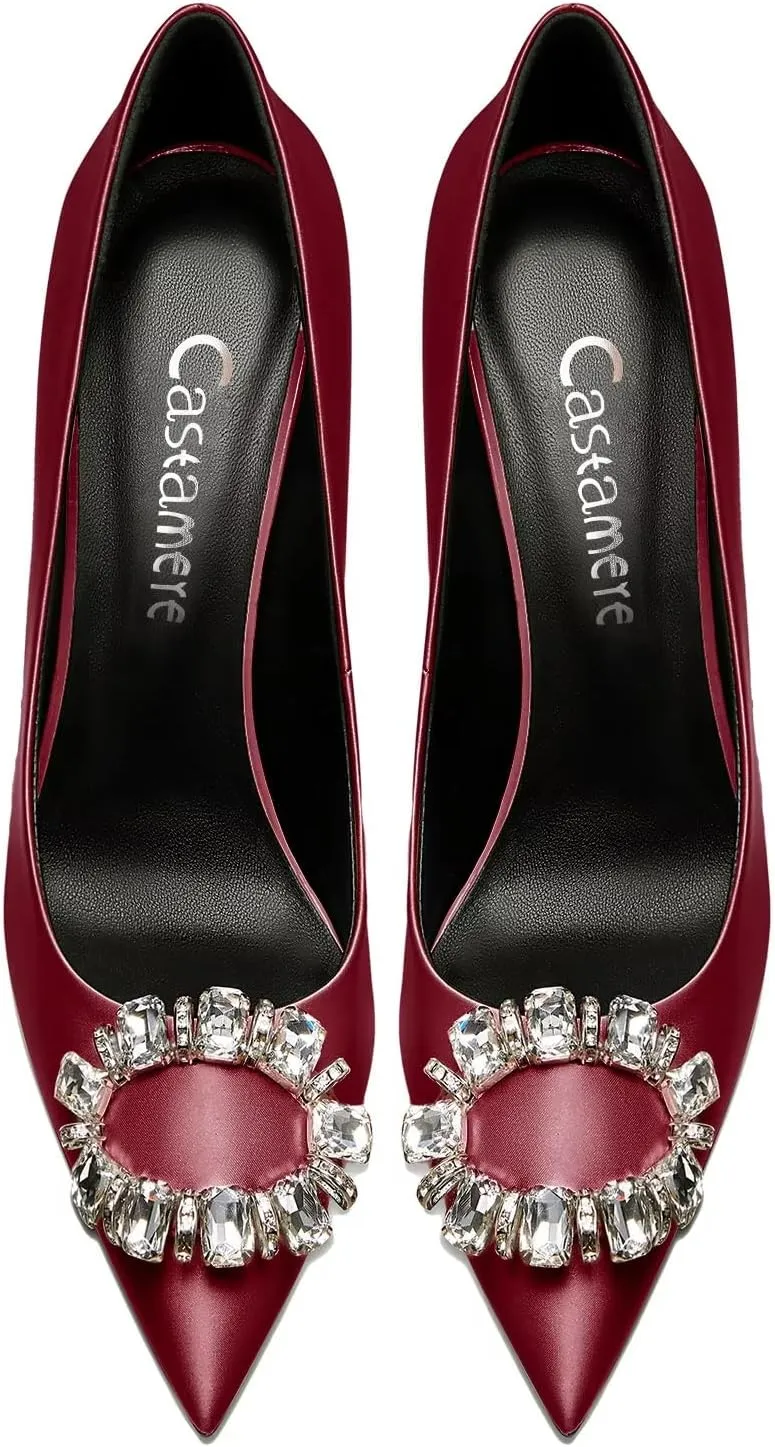Castamere Women Stiletto High Heel Slip-on Pointed Toe Pumps Diamond Crystal Satin Wedding Prom 3.3 Inches Heels B1