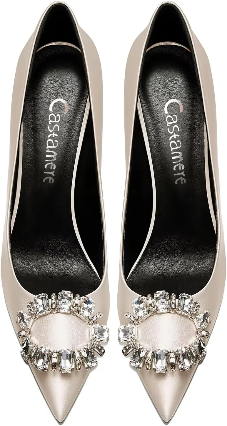 Castamere Women Stiletto High Heel Slip-on Pointed Toe Pumps Diamond Crystal Satin Wedding Prom 3.3 Inches Heels B1