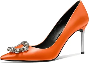 Castamere Women Stiletto High Heel Slip-on Pointed Toe Pumps Diamond Crystal Satin Wedding Prom 3.3 Inches Heels B1