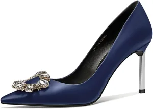 Castamere Women Stiletto High Heel Slip-on Pointed Toe Pumps Diamond Crystal Satin Wedding Prom 3.3 Inches Heels B1