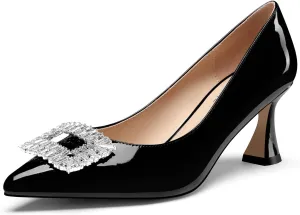 Castamere Womens Mid Heel Pointed Toe Slip-on Rhinestone Crystal Pumps Wedding Prom Patent Leather 2.6 Inches Heels