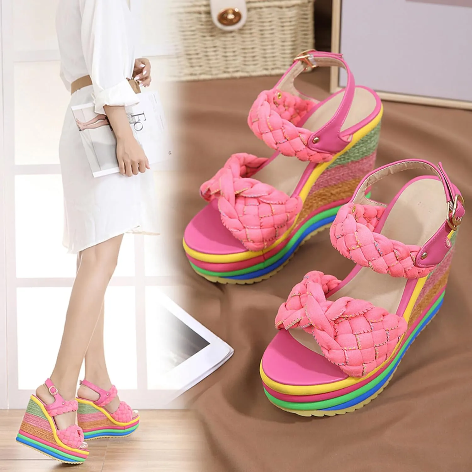 Colorful Wedge Heel Sandals for Women Platform Espadrilles Sandal with Ankle Strap