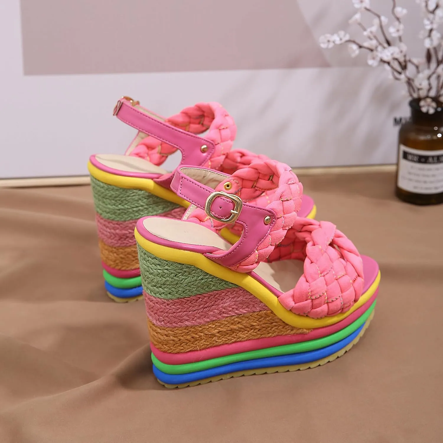 Colorful Wedge Heel Sandals for Women Platform Espadrilles Sandal with Ankle Strap